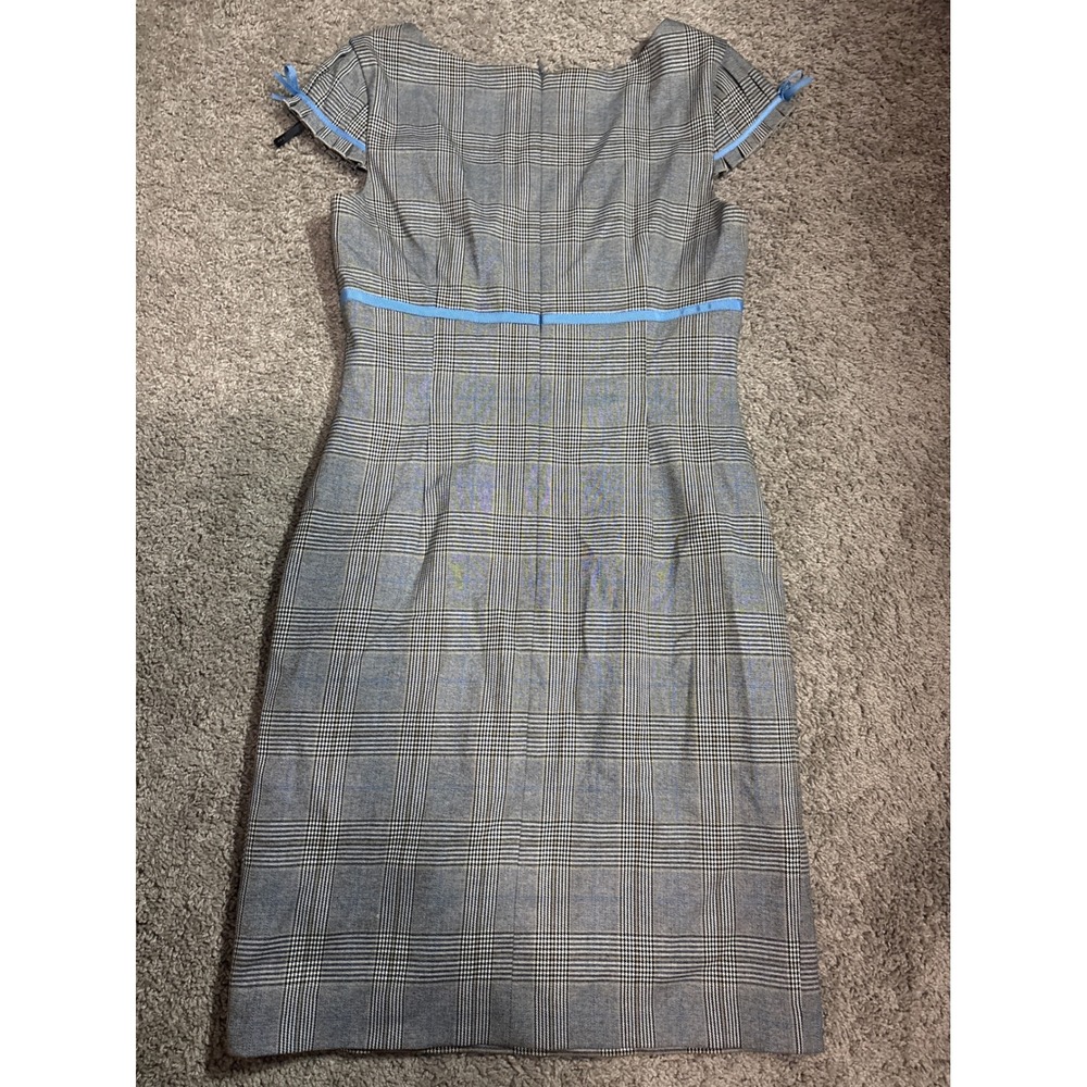 David Meister Grey Glen Plaid Sheath Dress Blue Ribbon Trim Cap Sleeve Size 6 - Picture 5 of 6